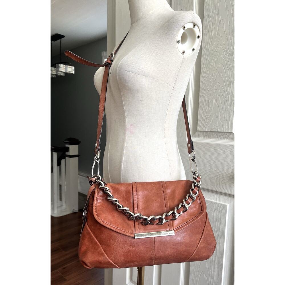 B. MAKOWSKY Brown Soft Leather Chain Strap Flap Front Crossbody Purse Bag